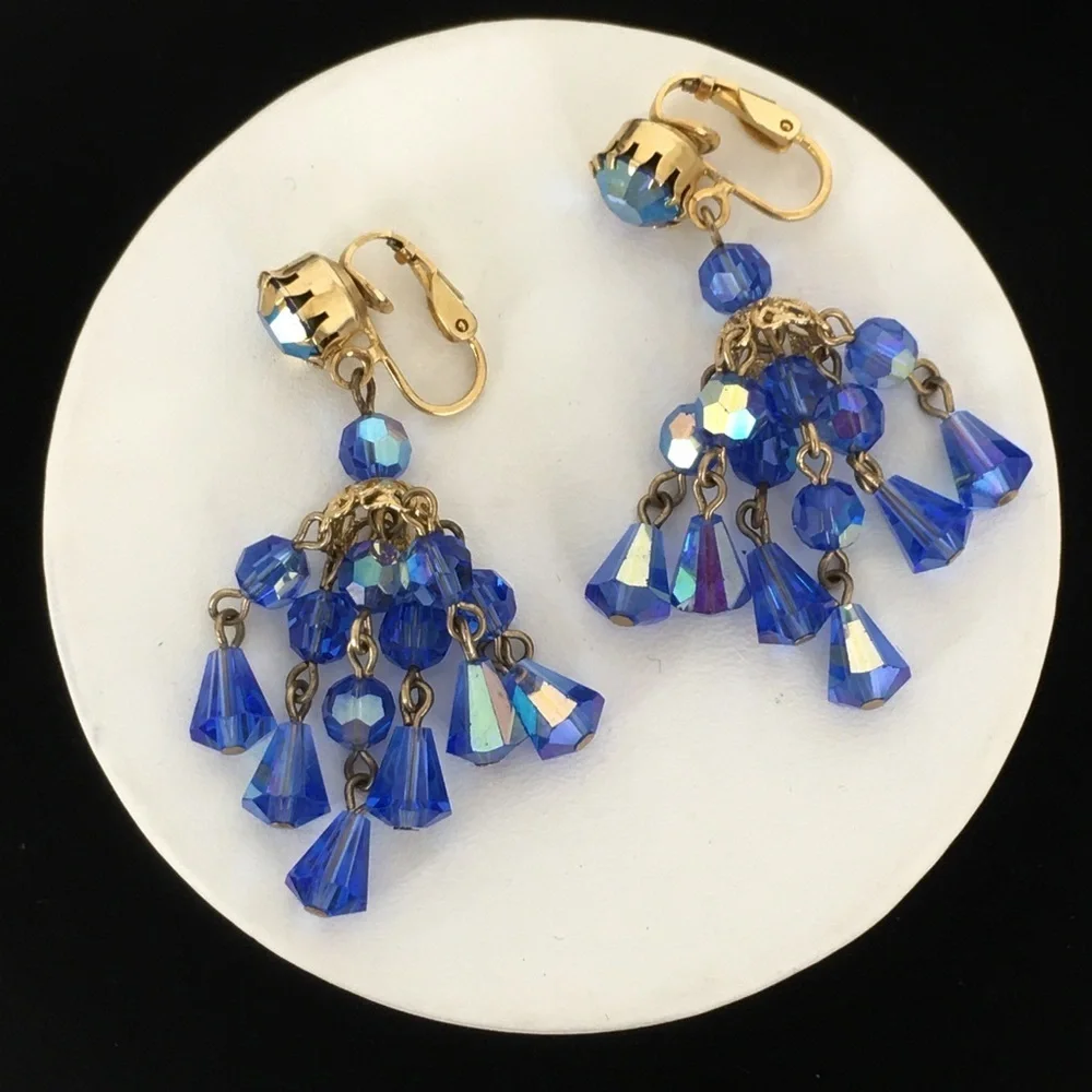 Vintage Hattie Carnegie Signed Austrian Crystal Blue Chandelier Clip Earrings